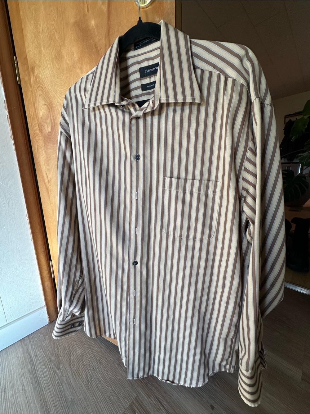 Claiborne Beige and Brown Vertical Stripe Button-Down Shirt